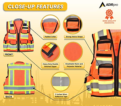 AdirPro Surveyor Safety Vest with Pockets High visibility Reflective Construction Vest for Men Class 2 Heavy Duty Vest ANSI Complaint for Contractors and Surveyors Orange Medium - Image 3