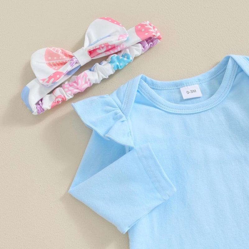 Karuedoo Newborn Baby Girl Easter Outfit Ruffle Long Sleeve Romper Cartoon Bunny Suspender Skirt Set Overall Dress Outfit (A-Blue, 9-12 Months) - Image 4