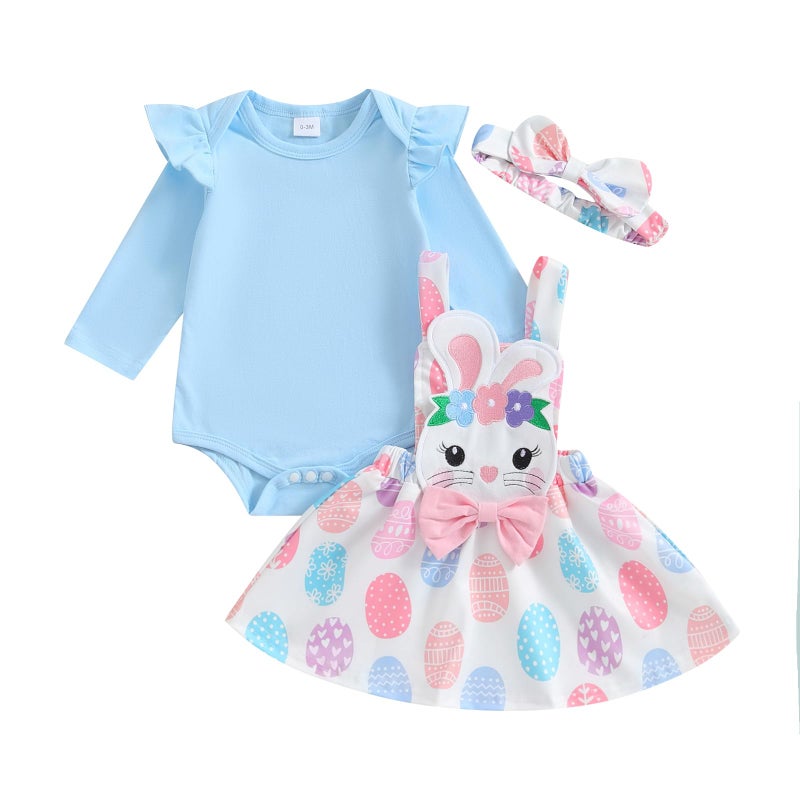 Karuedoo Newborn Baby Girl Easter Outfit Ruffle Long Sleeve Romper Cartoon Bunny Suspender Skirt Set Overall Dress Outfit (A-Blue, 9-12 Months) - Image 1