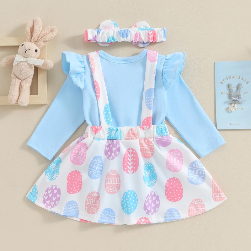Karuedoo Newborn Baby Girl Easter Outfit Ruffle Long Sleeve Romper Cartoon Bunny Suspender Skirt Set Overall Dress Outfit (A-Blue, 9-12 Months) - Image 3