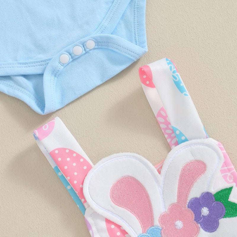 Karuedoo Newborn Baby Girl Easter Outfit Ruffle Long Sleeve Romper Cartoon Bunny Suspender Skirt Set Overall Dress Outfit (A-Blue, 9-12 Months) - Image 5