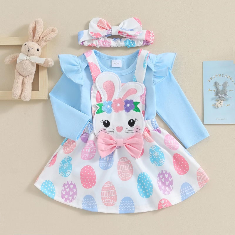 Karuedoo Newborn Baby Girl Easter Outfit Ruffle Long Sleeve Romper Cartoon Bunny Suspender Skirt Set Overall Dress Outfit (A-Blue, 9-12 Months) - Image 2