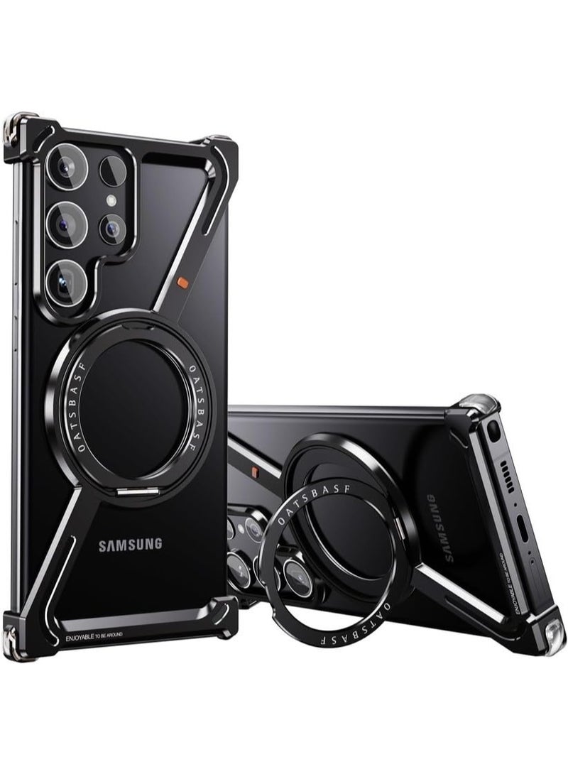 عام غطاء على شكل Z بإطار معدني بدون حواف مع حلقة دوارة 360 درجة وإطار معدني وحامل قائم لسامسونج جالاكسي إس 25 الترا، متوافق مع الشحن اللاسلكي | درع ألومنيوم فاخر. - Image 1