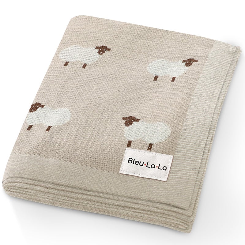 Bleu La La Baby Swaddle Blanket  100 Luxury Cotton Knit Soft Cozy Lightweight Unisex Receiving Crib Stroller Quilt Blanket for Shower Gift Registry for Newborns Infants Toddlers Sheep  Khaki