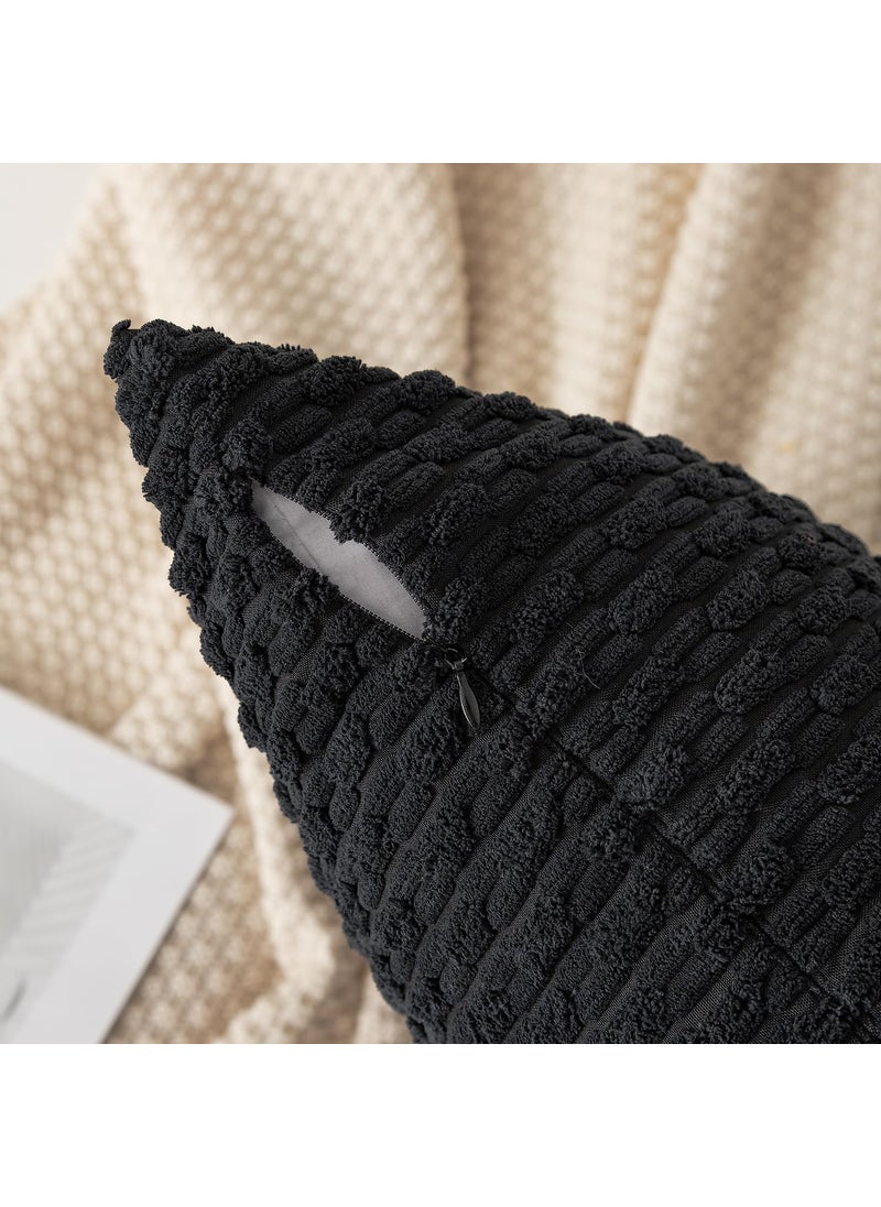 K KEVIN TEXTILE Kevin Textile Set of 2 Decorative Pillow Cover Solid Striped Corduroy Plush Velvet Cushion Cover for Couch 50cm 20 x 20 Inch Black  - Image 2