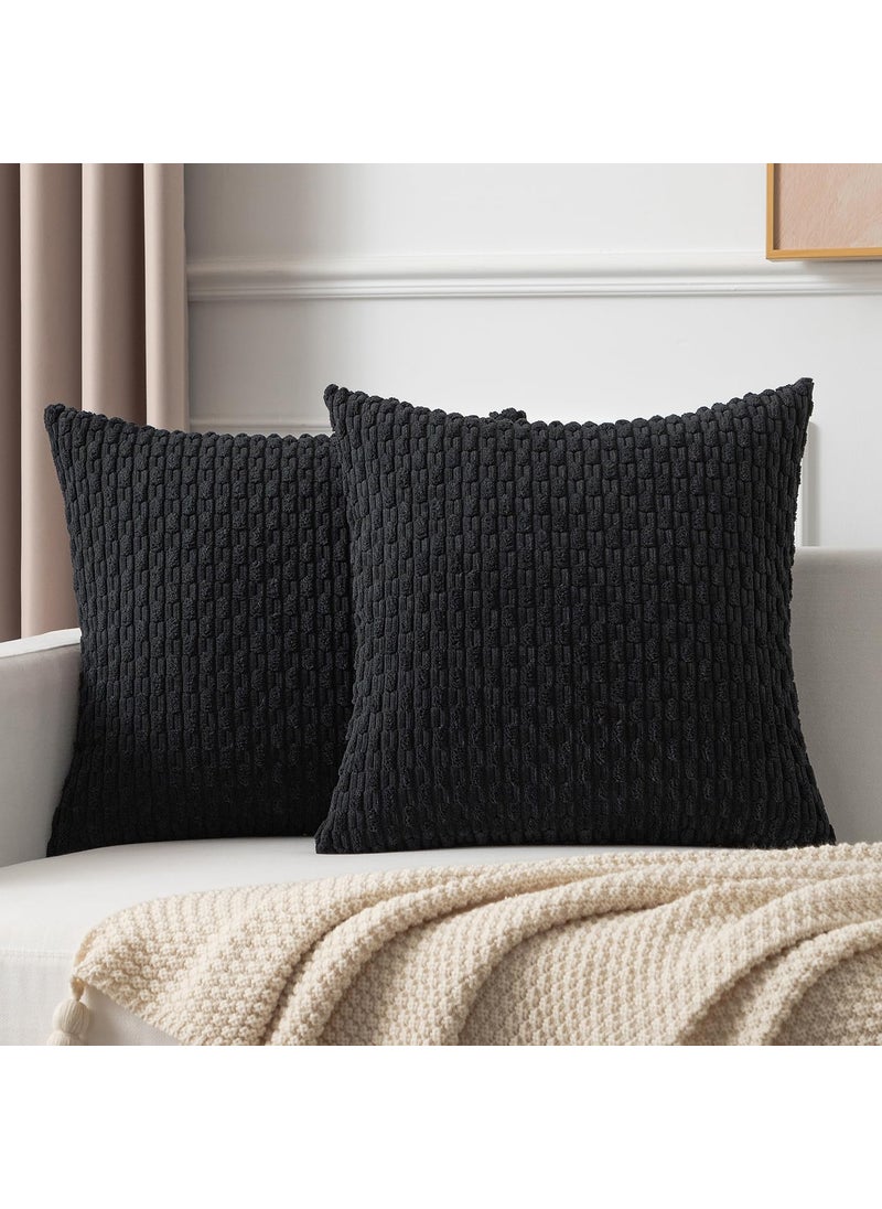 K KEVIN TEXTILE Kevin Textile Set of 2 Decorative Pillow Cover Solid Striped Corduroy Plush Velvet Cushion Cover for Couch 50cm 20 x 20 Inch Black  - Image 1