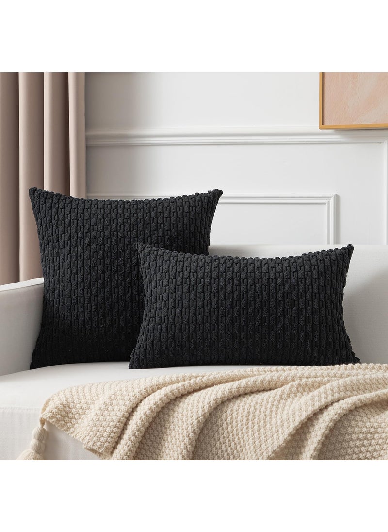 K KEVIN TEXTILE Kevin Textile Set of 2 Decorative Pillow Cover Solid Striped Corduroy Plush Velvet Cushion Cover for Couch 50cm 20 x 20 Inch Black  - Image 4