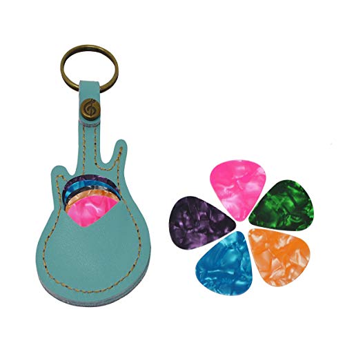 PUNK Leather Guitar Picks Case with Keyring - 5pcs Plectrums Gift (Light Blue) - Image 1