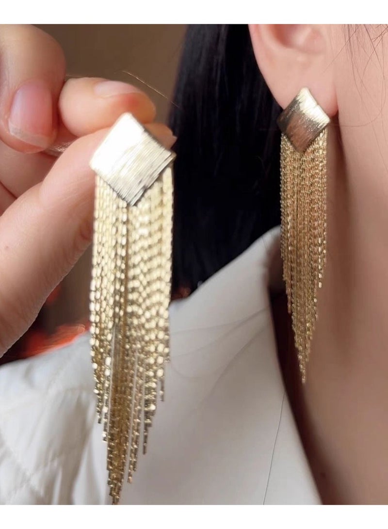 أقراط متدلية طويلة للحفلات بتصميم معين عتيق، أقراط معدنية رفيعة، أقراط نسائية ذهبية اللون - Image 3