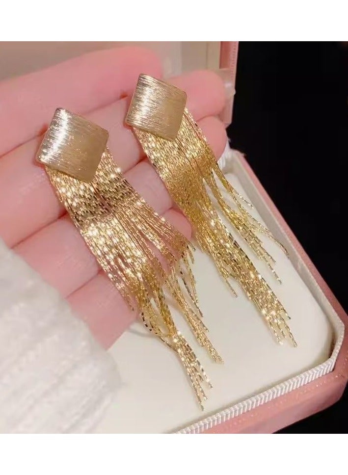 أقراط متدلية طويلة للحفلات بتصميم معين عتيق، أقراط معدنية رفيعة، أقراط نسائية ذهبية اللون - Image 4