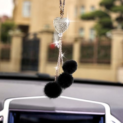 Hbxdeco Bling Car Mirror Accessories for Women Rhinestone Diamond Love Heart Pink Plush Ball Decor Ornament Pendant Car Rear View Mirror Hanging Charm Pendant Lucky Hanging Accessories Black - Image 1