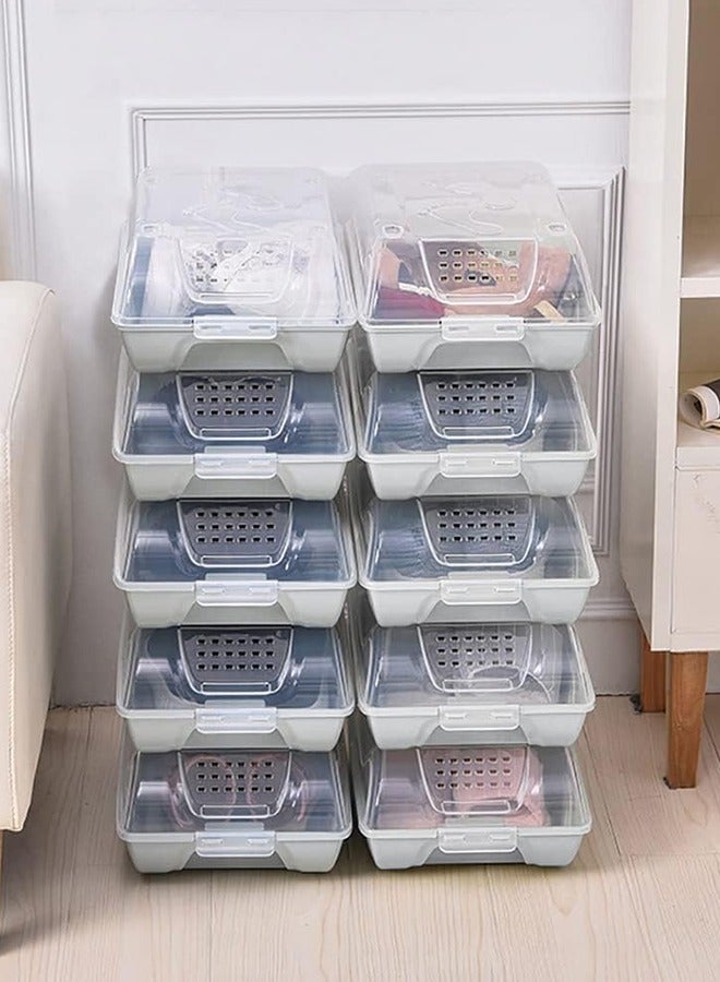 JCB CHIC صندوق أحذية قابل للتكديس، صندوق تخزين أحذية بلاستيكي، صندوق تخزين أحذية بلاستيكي، حاويات تنظيم أحذية شفافة قابلة للتكديس لخزانة الملابس، حافظة عرض أحذية رياضية موفرة للمساحة، حاويات تنظيم أحذية بأغطية، 10 عبوات (أزرق) - Image 1