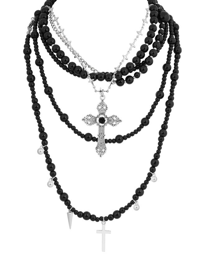Sacina Layered Black Imitaiton Pearl Cross Choker Necklace, Black Choker, Gothic Punk Grunge Emo Necklace, Goth Jewelry, Christmas Jewelry Gift for Women - Image 1