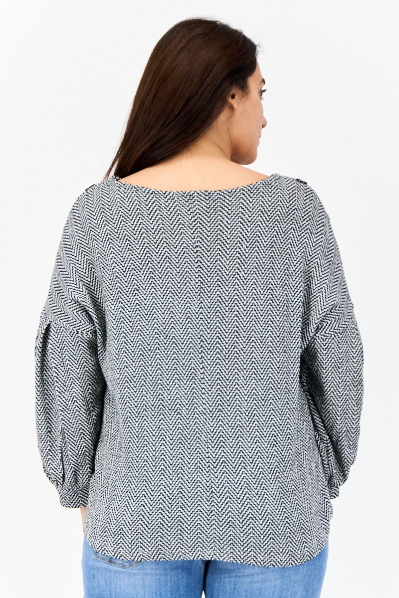 ADRIENNE VITTADINI Women Boat Neck Long Sleeves Chevron Blouse, Grey  - Image 4