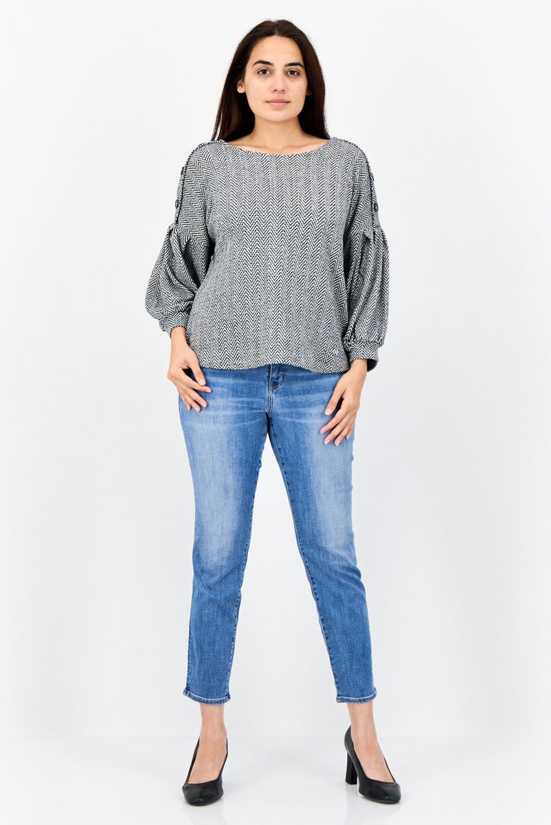 ADRIENNE VITTADINI Women Boat Neck Long Sleeves Chevron Blouse, Grey - Image 2