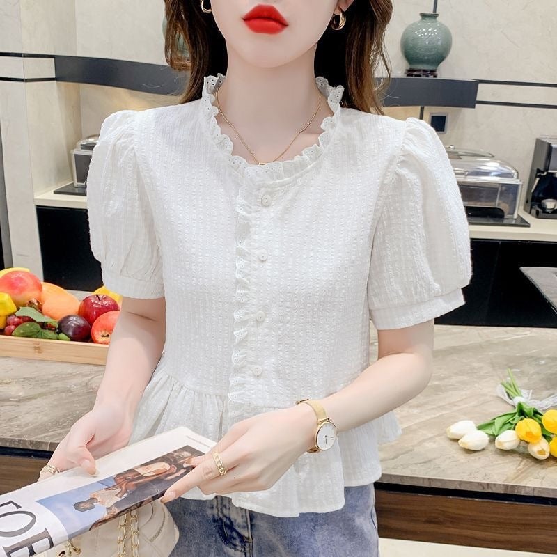 بلوزة شيفون بأكمام منتفخة للنساء تصميم صيفي بأكمام قصيرة بلوزة قصيرة فرنسية ببيبي دول - Image 4