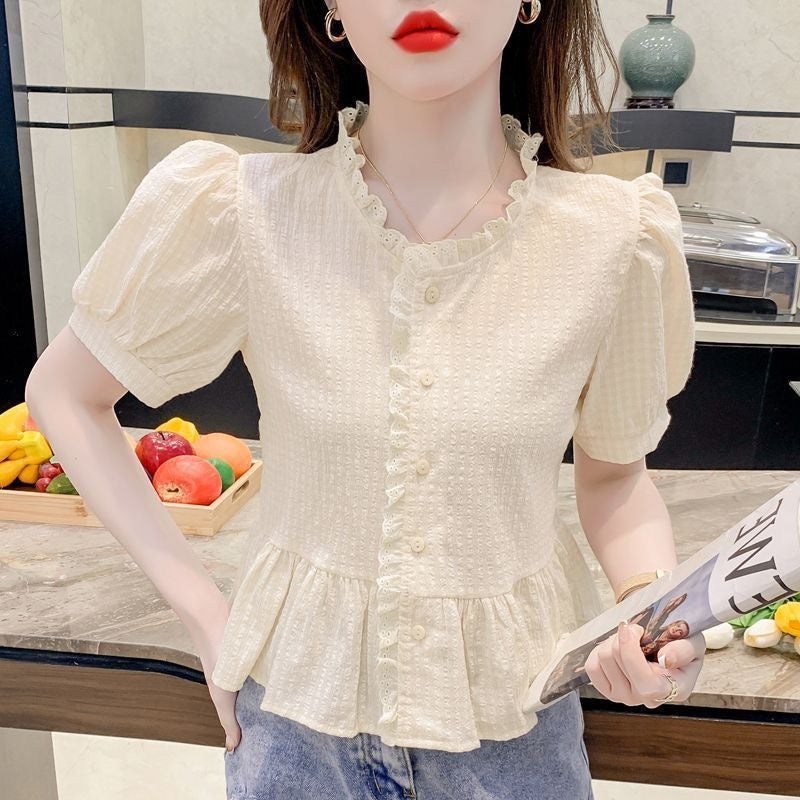 بلوزة شيفون بأكمام منتفخة للنساء تصميم صيفي بأكمام قصيرة بلوزة قصيرة فرنسية ببيبي دول - Image 2