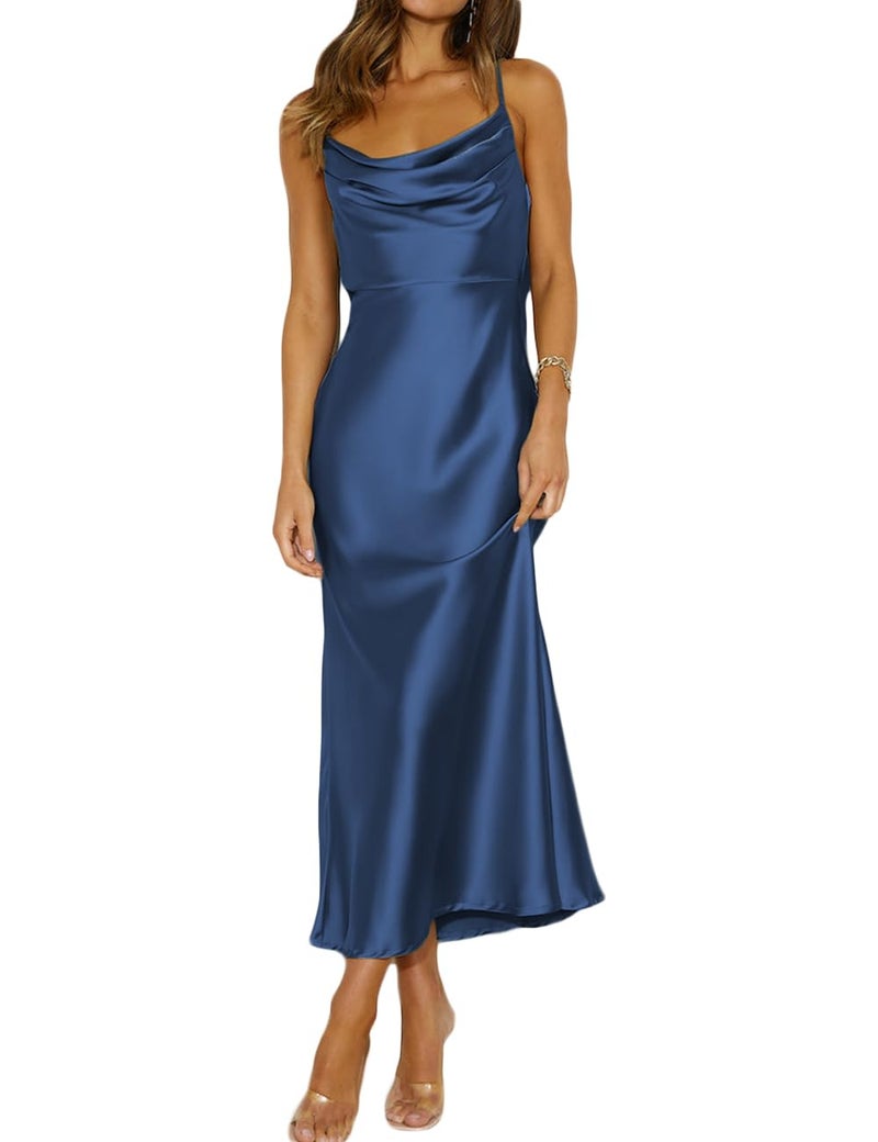 Mogidol Summer Satin Spaghetti Strap Cowl Neck Backless Midi Dresses for Women Elegant Tie Low Back Ruched Cocktail Dress Navy - Image 5
