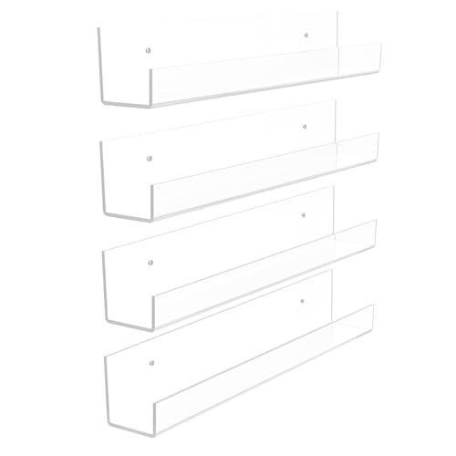 YFEEN 4 Pack Acrylic Shelves for Wall Storage,12" Floating Bookshelves for Kids, Display Shelf for Bathroom, Bedroom,Decor, Clear - Image 1