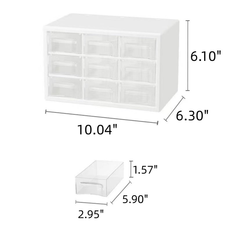 Feadily 1PCS Large Drawer Organizer for Desk, Desktop Drawer Organizer with 9 Clear Drawers, Plastic Desktop Storage Drawers 10.04 Inch x 6.30 Inch x 6.10 Inch, White - Image 2