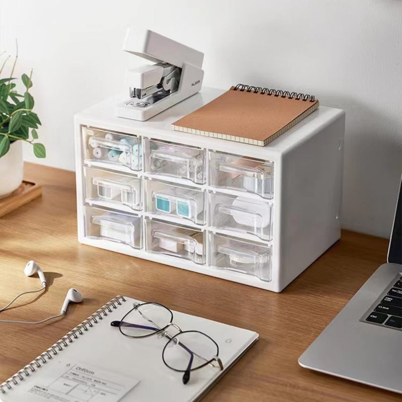 Feadily 1PCS Large Drawer Organizer for Desk, Desktop Drawer Organizer with 9 Clear Drawers, Plastic Desktop Storage Drawers 10.04 Inch x 6.30 Inch x 6.10 Inch, White - Image 5