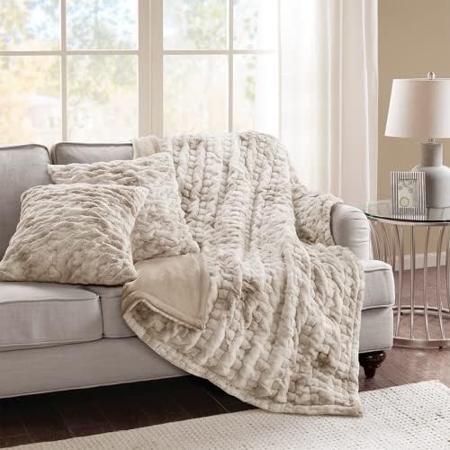 Comfort Spaces Luxurious & Fuzzy Soft Ruched Faux Fur Plush Throw Blanket Set with 2 Matching Square Pillow Covers, for Sofa,Chair, Couch, Living Room, Home Office, Tan Tie Dye 50"x 60" - Image 1