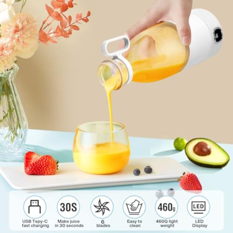 خلاط محمول، خلاط كهربائي صغير بـ 6 شفرات مع شاشة LED، خلاط صغير 350 مل للمخفوقات والعصائر، بطارية شحن 3000 مللي أمبير، للعائلة والخارج والرياضة والسفر، أبيض - Image 3