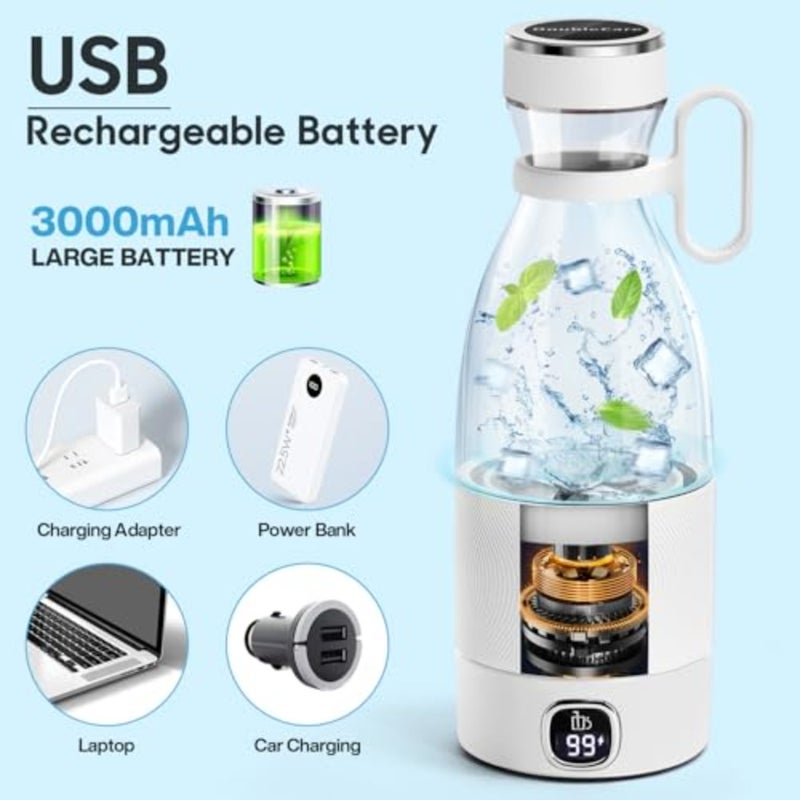 خلاط محمول، خلاط كهربائي صغير بـ 6 شفرات مع شاشة LED، خلاط صغير 350 مل للمخفوقات والعصائر، بطارية شحن 3000 مللي أمبير، للعائلة والخارج والرياضة والسفر، أبيض - Image 5