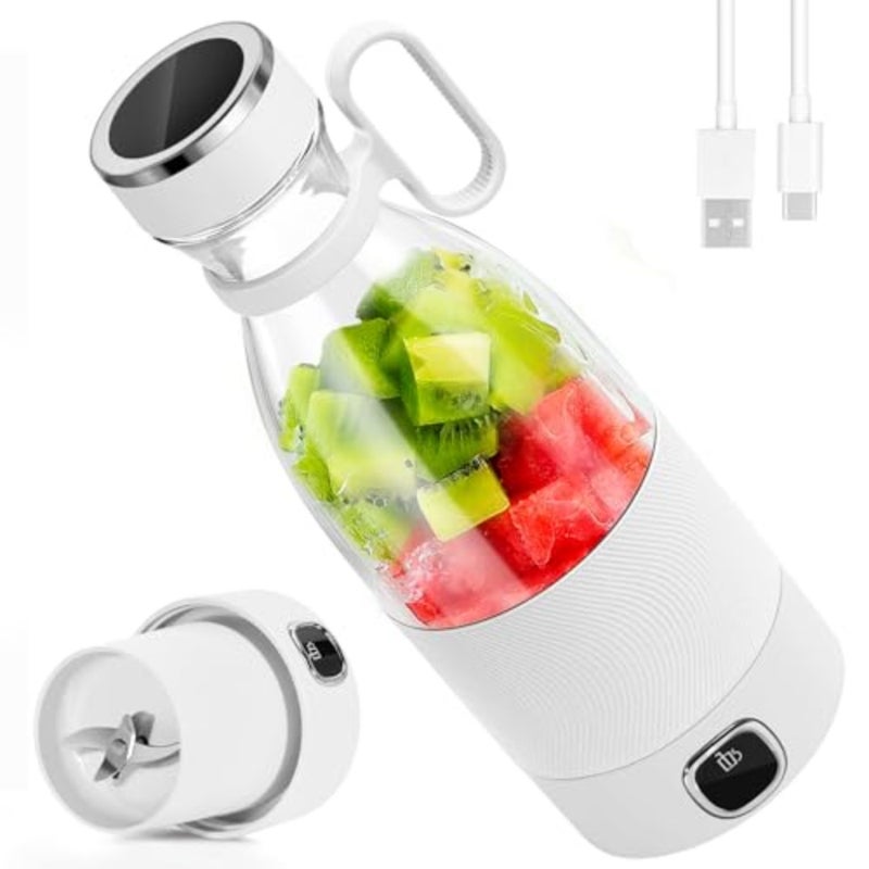 خلاط محمول، خلاط كهربائي صغير بـ 6 شفرات مع شاشة LED، خلاط صغير 350 مل للمخفوقات والعصائر، بطارية شحن 3000 مللي أمبير، للعائلة والخارج والرياضة والسفر، أبيض - Image 1