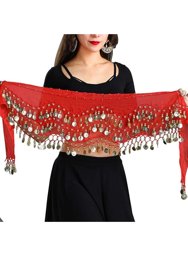 Women's Chiffon Belly Dance Hip Scarf with 128 Coins, Red - Image 1