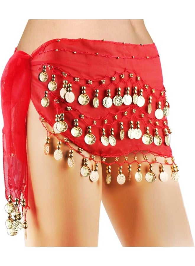 Women's Chiffon Belly Dance Hip Scarf with 128 Coins, Red - Image 2