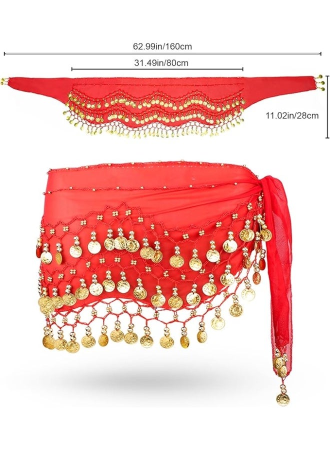 Women's Chiffon Belly Dance Hip Scarf with 128 Coins, Red - Image 3