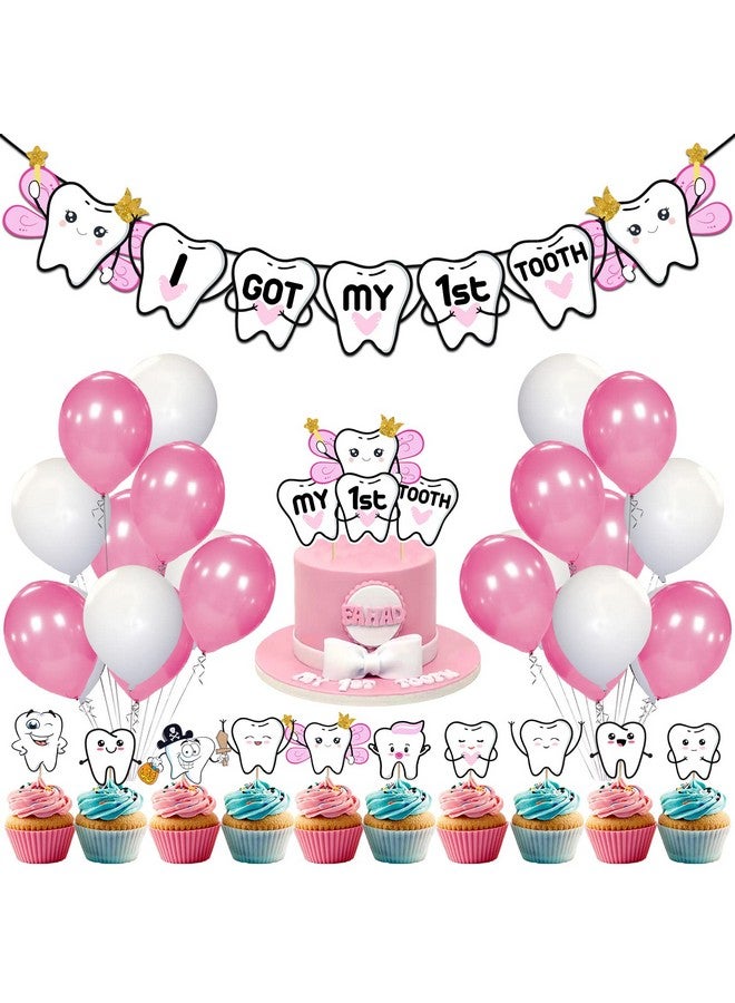 ZYOZIQUE 37 Pcs -I Got My First Tooth Decoration/First Tooth Decoration/First Tooth Decoration Items For Baby/My First Tooth Decoration/1st Teeth Decoration Items - With Balloons (Pink) - Image 1