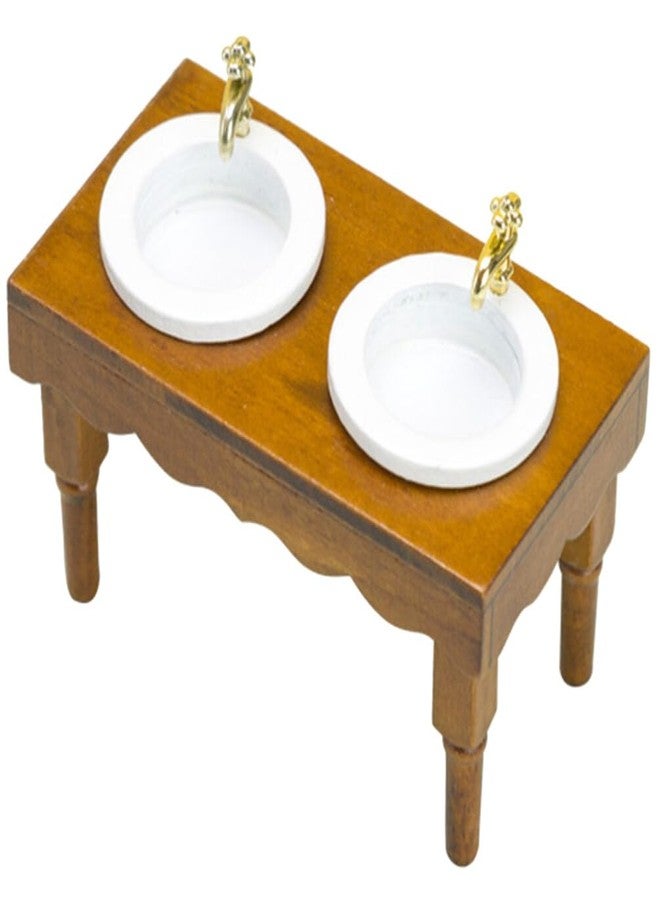 Yardwe Mini Bathroom Furniture - 1:12 Scale Dollhouse Double Sink Wash Basin Light Brown Wooden Dollhouse Accessory for Play and Decoration - Image 1