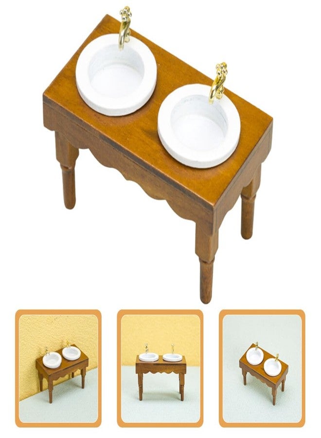 Yardwe Mini Bathroom Furniture - 1:12 Scale Dollhouse Double Sink Wash Basin Light Brown Wooden Dollhouse Accessory for Play and Decoration - Image 4