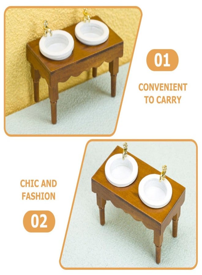 Yardwe Mini Bathroom Furniture - 1:12 Scale Dollhouse Double Sink Wash Basin Light Brown Wooden Dollhouse Accessory for Play and Decoration - Image 5
