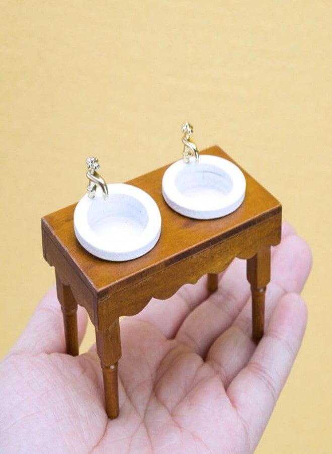 Yardwe Mini Bathroom Furniture - 1:12 Scale Dollhouse Double Sink Wash Basin Light Brown Wooden Dollhouse Accessory for Play and Decoration - Image 2
