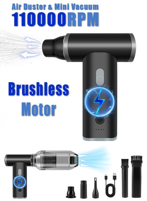 Compressed Air Duster And Mini Vacuum Cleaner - With Infinite Adjustment Up to 110000RPM Brushless Motor, Electric Air Blower for Computer Keyboard Camera Car Home Cleaning Kit - 4000 mAh Battery