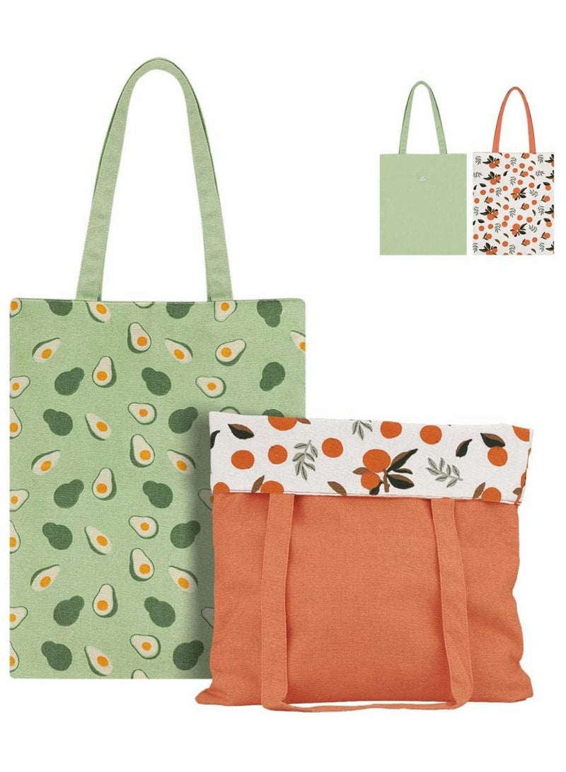 Excefore حقيبة قماشية، قطعتان من حقائب القماش القابلة لإعادة الاستخدام ذات الوجهين وحقائب البقالة الصغيرة المطبوعة بالفاكهة وحقائب التسوق وحقائب المكياج للنساء والفتيات والأطفال (برتقالي وأخضر) - Image 1