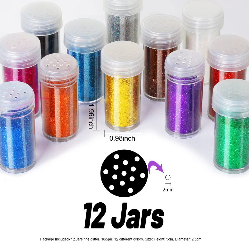 FANDAMEI 12 Pieces Fine Glitter, 12 Colors 10g Glitter Shake Jar Set, Extra Fine Glitter Powder for Arts, Crafts, Painting, Decoration, Body Face Makeup, Nail Art, Pigment - Image 2