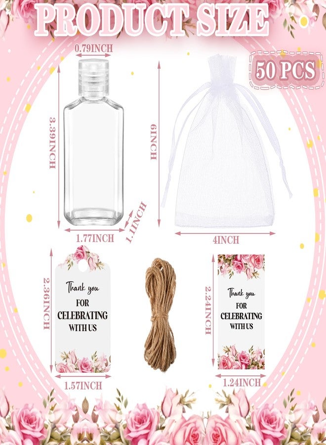 Tiangrid 50 Sets Mini Hand Sanitizer Bottles Bulk Wedding Favors for Guests 2oz Empty Travel Size Hand Sanitizer Bottles with 50 Organza Bags Thank You Tags for Wedding Party (Flower, Pink) - Image 2