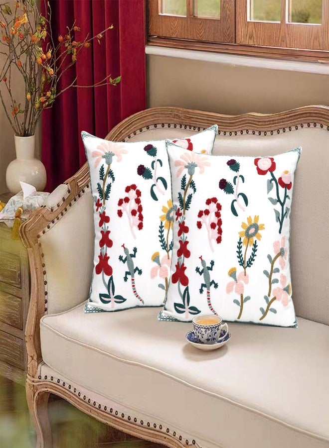 Pilmandu Pack of 2 Embroidered Decorative Throw Pillow Cover 18x18 Inch Farmhouse Floral Pillowcase for Living Room Sofa Bed (Gecko Floral), W-45444 - Image 3