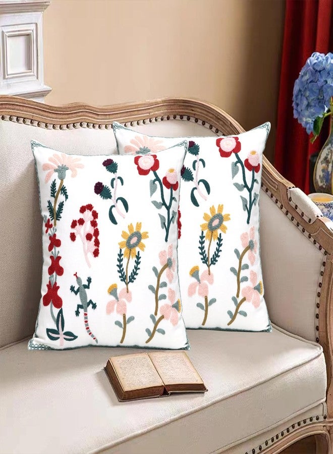 Pilmandu Pack of 2 Embroidered Decorative Throw Pillow Cover 18x18 Inch Farmhouse Floral Pillowcase for Living Room Sofa Bed (Gecko Floral), W-45444 - Image 2
