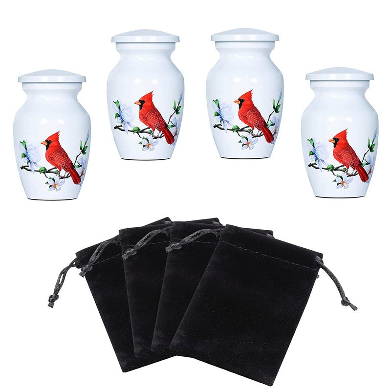 ICOKEE Red Cardinal Bird Small Keepsake Urn for Human or Pet Ashes Aluminum Mini Cremation Urn White Memorial Ashes Holder Set of 4 with 4 Velvet Bags