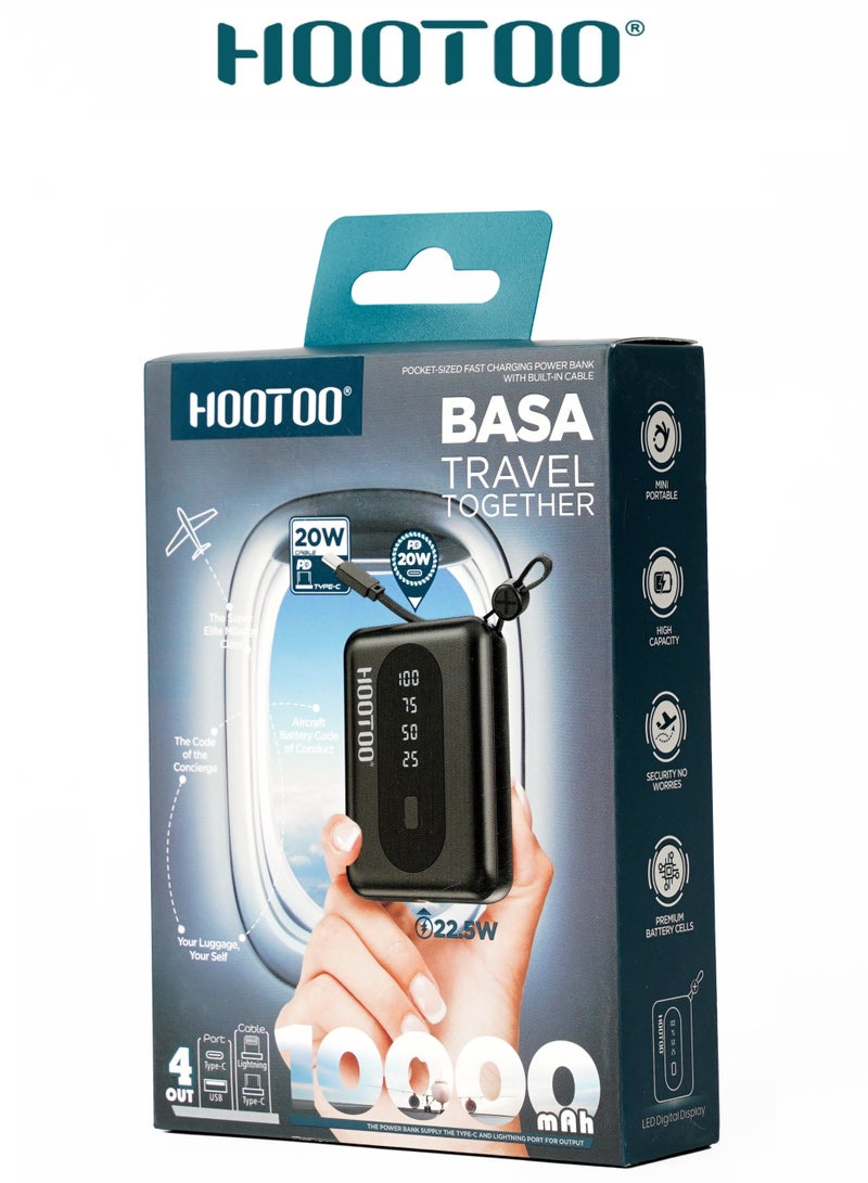 هوتو شاحن متنقل صغير جدا بسعة 10000 مللي أمبير. باور بانك قوي بمؤشر  لعرض نسبة الشحن. باور بنك  يمنفذين (تايب سي & يو اس بي). بطاريه متنقله باسلاك شحن (شاحن لايتنينق & شاحن تايب سي) مدمجة. بور بانك امن يسمح بحمله في الطائرات. بور بنك مزود باعلا انظمة الحماية. بطاريه متوافقة مع شواحن ايفون وسامسونج وغيرها من الهواتف. - Image 4