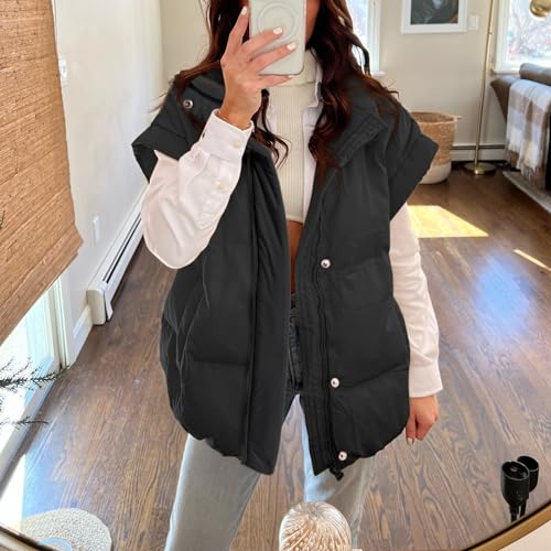 Songling Womens Oversized Puffer Vest Stand Collar Full Zip Sleeveless Bubble Puffer Vest Quilted Padded Warm Coat Outwear (Black,L) - Image 3