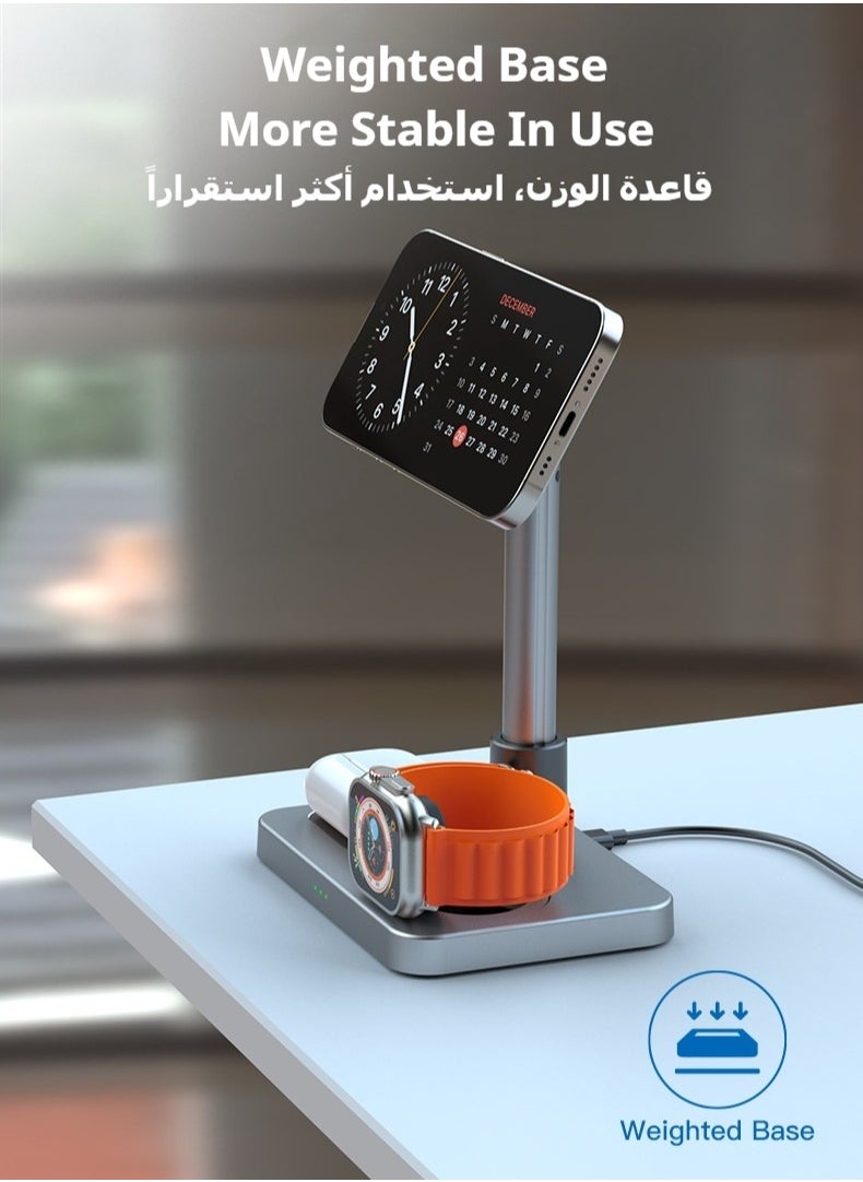 شفاء الحياة - حامل شاحن لاسلكي مغناطيسي 3 في 1، شحن سريع 15 واط، ارتفاع قابل للتعديل، توافق مع عدة أجهزة (الهاتف الذكي، سماعات TWS، الساعة الذكية)، هدية مثالية للعائلة والأصدقاء - Image 1