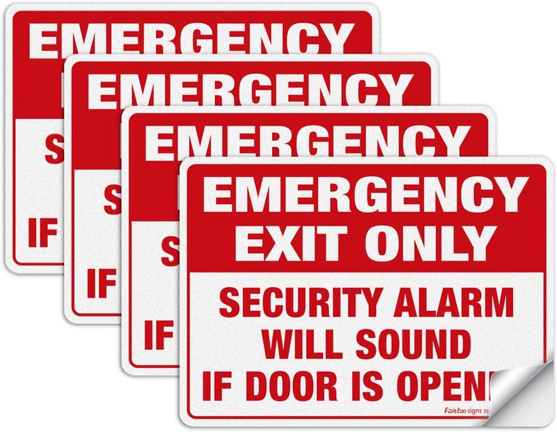 Faittoo Emergency Exit Only Sticker, Emergency Exit Only - Security Alarm Will Sound If Door is Opened Label, 4 Pack, 10 x 7 inch Self-Adhesive Vinyl Decal Stickers, Reflective, UV Protected, Waterproof - Image 1