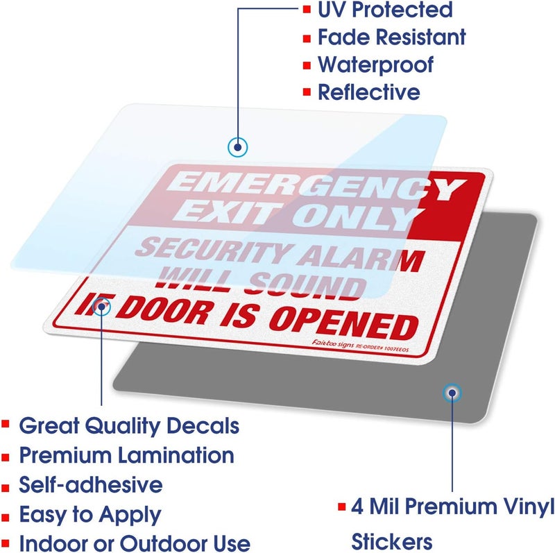 Faittoo Emergency Exit Only Sticker, Emergency Exit Only - Security Alarm Will Sound If Door is Opened Label, 4 Pack, 10 x 7 inch Self-Adhesive Vinyl Decal Stickers, Reflective, UV Protected, Waterproof - Image 3