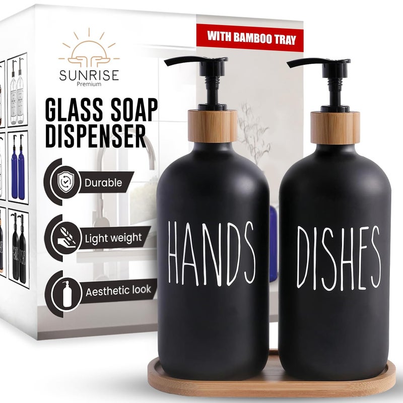 Sunrise Premium 2 Pack Clear Glass Soap Dispenser 16 OZ with Oil Rubbed Bronze Stainless Steel Pump Hand and Dish Soap Dispenser Set for Bathroom and Kitchen Sink with 6 Waterproof Labels